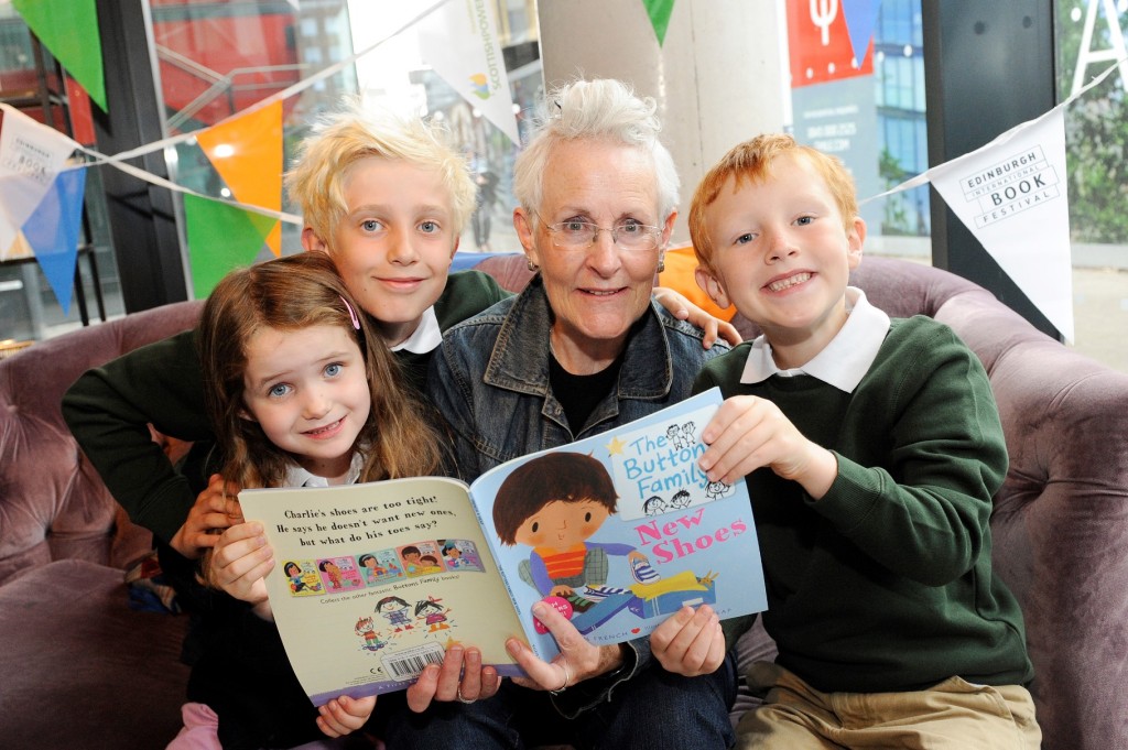 L-R Jessica Hayward (5) Henry Hayward (8) Author Vivian French and George Cowie