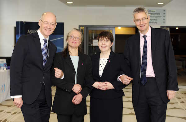 Left to Right) Cabinet Secretary for Finance, Employment and Sustainable Growth, John Swinney MSP, Trusts and Foundations Manager at Breast Cancer Campaign, Helen Palmer, Head of Research at Breast Cancer Campaign, Dr Lisa Wilde, and the Chief Scientist at the Scottish Government Health Directorates, Professor Andrew Morris, at the NHS Research Scotland Conference this morning in Edinburgh.