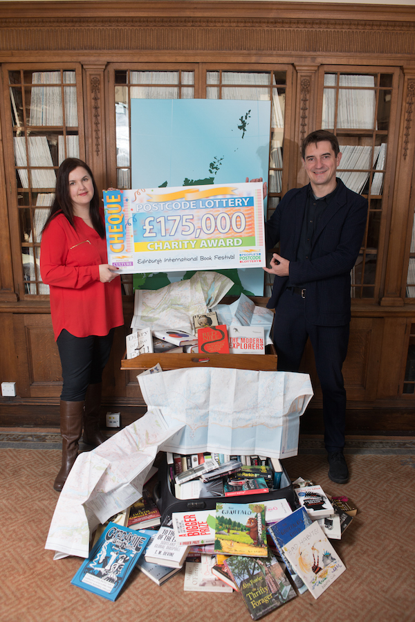 Clara Berry, People's Postcode Lottery and Nick Barley, Edinburgh International Book Festival, celebrate support from PPL for the Book Festival c Alan McCredie