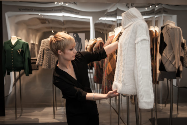 Georgina Ripley, Curator of Modern & Contemporary Fashion & Textiles works on the exhibition. Image courtesy of Pringle of Scotland