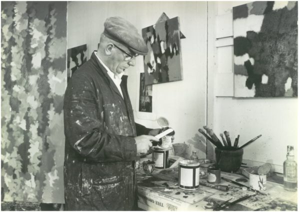 William Gear working in his studio at Towner Art Gallery, 1962, Ciniflex Studios