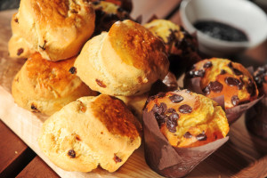 Home baked muffins and scones wit h our delicious plum jam £2.50