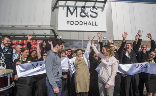 Store Manager, Alyson Crombie and international rugby player, Sam Hidalgo-Clyne along with store employees launch the new M&S Foodhall at Chesser (2)