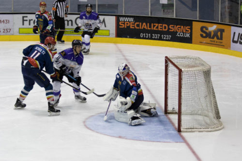 Capitals goaltender Travis Fullarton on guard against his former side Braehead Clan at Murrayfield. Picture by Ian Coyle