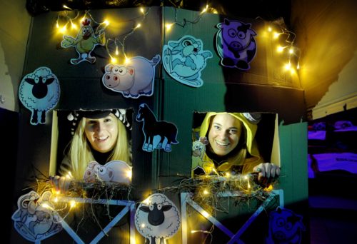 FREE PICTURE: Rock Trust Charity Sleep Out, Edinburgh, 05/11/2016: Cardboard charms: Emma Reid (left) and Alice Beeby (correct) join over 100 other “sleepouters” in Edinburgh’s Festival Square last night (Friday 4th to Saturday 5th November 2016) to raise cash and awareness for the vital work of homeless charity the Rock Trust. The duo built their own uniquely decorated cardboard shelter for the night of al fresco fundraising. More info from: Katriona Harding on 07977 987308 - 0131 557 4059 - katriona.harding@rocktrust.org or Jennifer Mullen at Pagoda Porter Novelli PR - 0131 556 0770 - jennifer.mullen@pagodapr.com Free FIRST USE (ONLY) picture. Photography from: Colin Hattersley Photography - colinhattersley@btinternet.com - www.colinhattersley.com - 07974 957 388