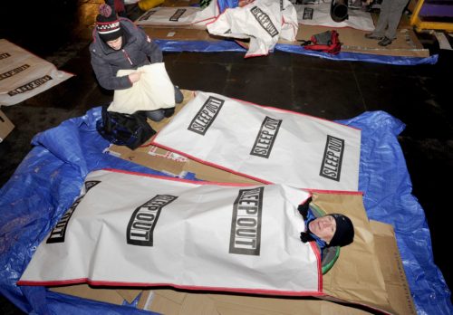 FREE PICTURE: Rock Trust Charity Sleep Out, Edinburgh, 05/11/2016: Tucking up: over 100 other “sleepouters” in Edinburgh’s Festival Square last night (Friday 4th to Saturday 5th November 2016) get set to sleep al fresco to raise cash and awareness for the vital work of homeless charity the Rock Trust. More info from: Katriona Harding on 07977 987308 - 0131 557 4059 - katriona.harding@rocktrust.org or Jennifer Mullen at Pagoda Porter Novelli PR - 0131 556 0770 - jennifer.mullen@pagodapr.com Free FIRST USE (ONLY) picture. Photography from: Colin Hattersley Photography - colinhattersley@btinternet.com - www.colinhattersley.com - 07974 957 388