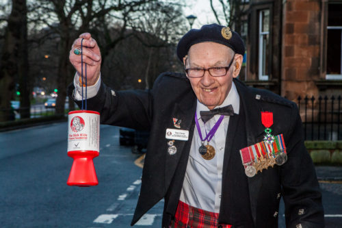 Edinburgh-born war veteran Tom Gilzean (95) has been helping to raise money on the streets of Edinburgh for The Sick Kids Friends Foundation for 33 years. And now needs help to repair his wheelchair so he can continue his charity work. IN PIC Tom Gilzean