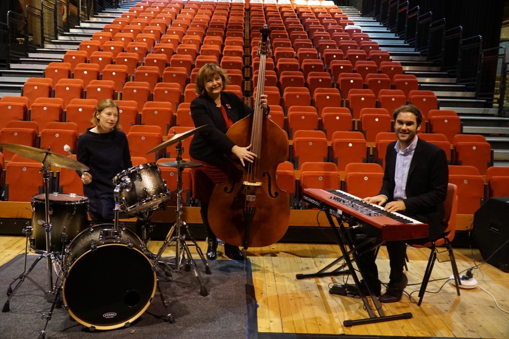 Sorcha Carey Fiona Hyslop and Adam McVey  pose with jazz instruments
