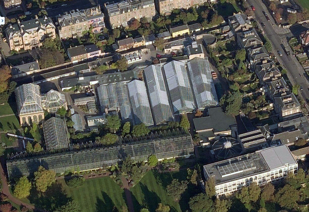 Aerial shot of the glasshouses at the Botanics
