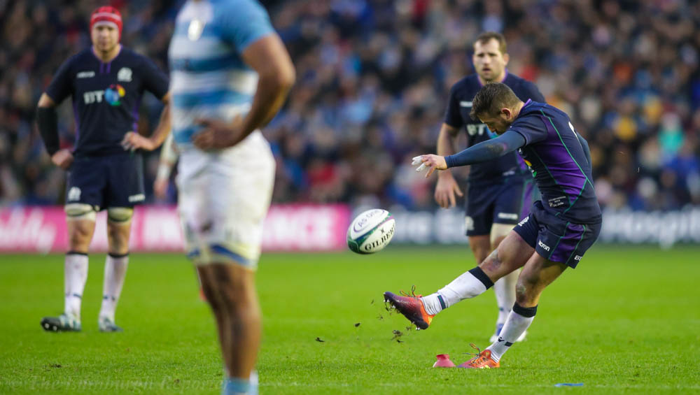 Man-of-the-Match Greig Laidlaw kicking for goal.