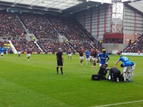 A player receives treatment during the Hearts v Rangers game at Tynecastle on 2nd December 2018